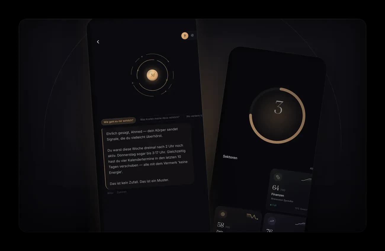 KMirror: der KI-Begleiter Mika und der KM-Score-Ring auf zwei iPhones
